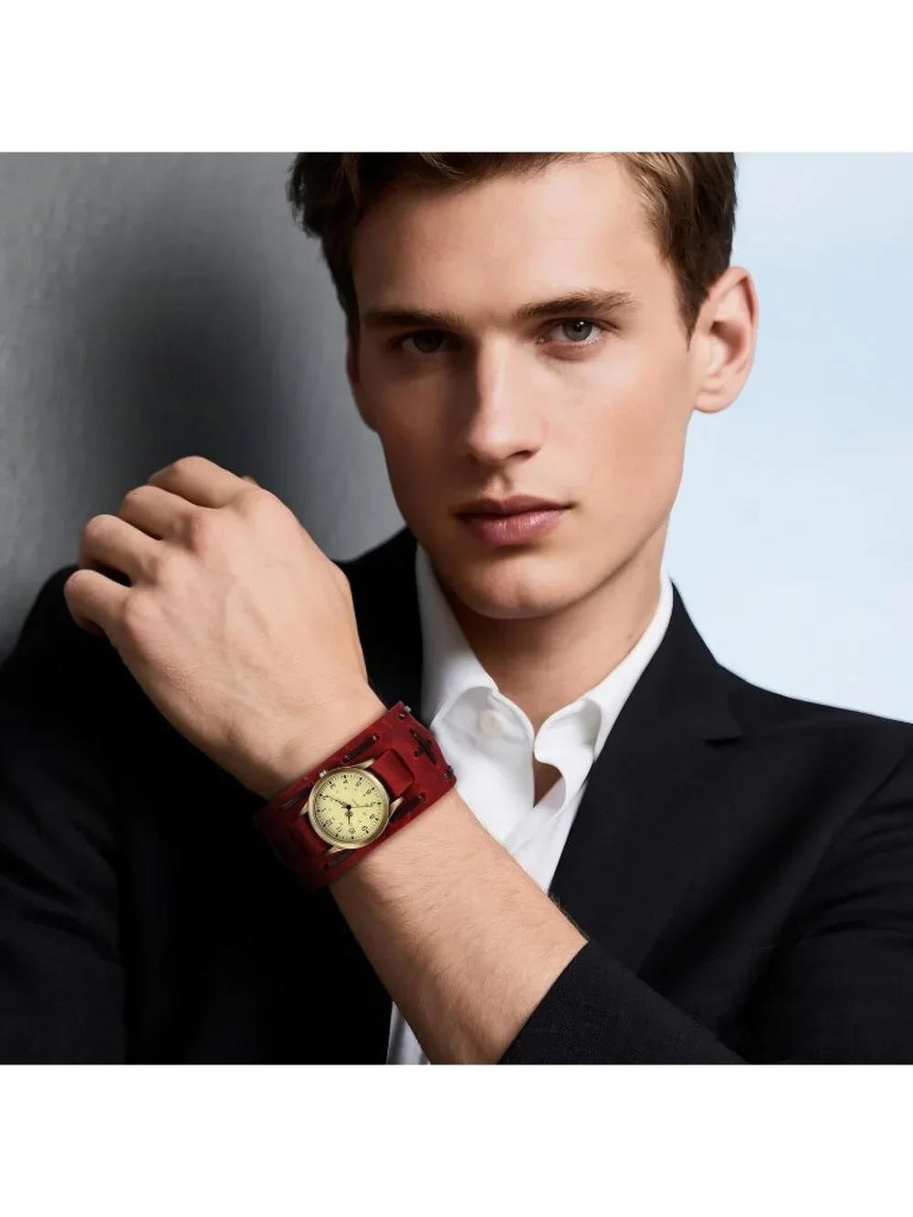 Unisex Red Analog Quartz Arabic Numerals Wide Leather Strap Vintage Wrist Watch - Picture 4 of 6